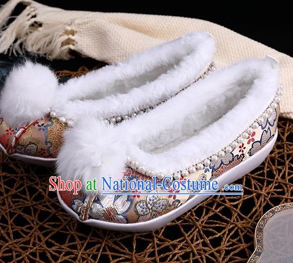 Chinese Traditional Hanfu Winter Shoes Ancient Princess Shoes Handmade Golden Brocade Shoes