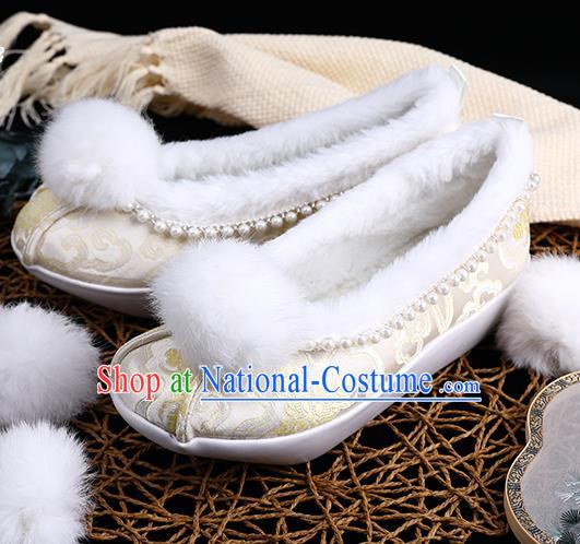 Chinese Ancient Princess Shoes Handmade Beige Brocade Shoes Traditional Hanfu Winter Shoes