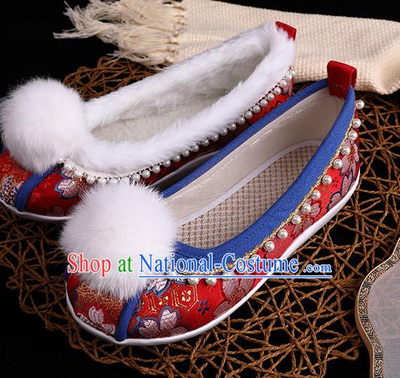 Chinese Ancient Tang Dynasty Palace Lady Shoes Traditional Hanfu Pearls Shoes Handmade Wedding Red Brocade Shoes