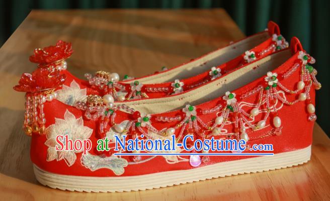 Handmade Chinese Traditional Wedding Shoes Embroidered Lotus Shoes Ancient Princess Shoes Hanfu Red Shoes