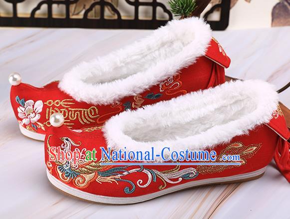 Chinese Traditional Hanfu Shoes Ancient Princess Shoes Handmade Embroidered Phoenix Red Shoes