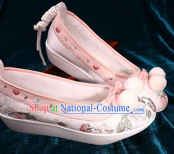 Chinese Handmade Embroidered Pink Brocade Shoes Ancient Tang Dynasty Shoes Traditional Hanfu Winter Shoes