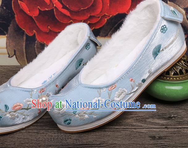 Chinese Ancient Princess Shoes Handmade Embroidered Plum Blossom Blue Shoes Traditional Hanfu Winter Shoes