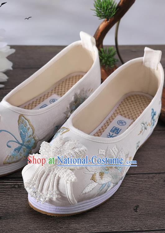 Chinese Embroidered Epiphyllum Shoes Traditional Hanfu White Cloth Shoes Ancient Princess Shoes