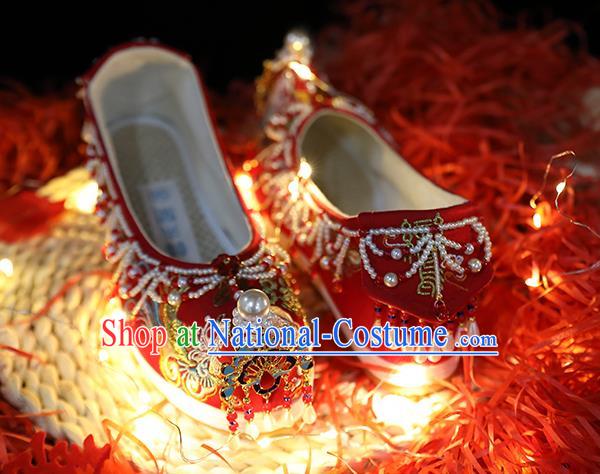 Chinese Traditional Hanfu Blueing Peacock Shoes Ancient Wedding Shoes Embroidered Red Shoes