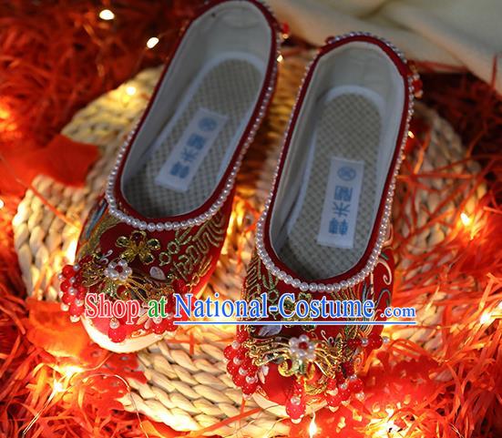 Chinese Embroidered Red Shoes Traditional Hanfu Pearls Shoes Ancient Bride Wedding Shoes