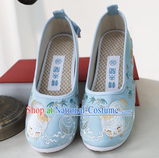 Chinese Ancient Princess Shoes Embroidered Blue Shoes Traditional Ming Dynasty Shoes