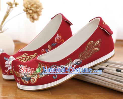 Chinese Traditional Wedding Shoes Hanfu Shoes Classical Embroidered Phoenix Red Shoes