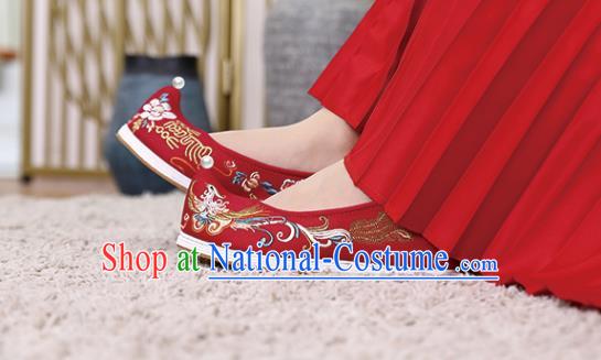 Chinese Traditional Wedding Shoes Hanfu Shoes Classical Embroidered Phoenix Red Shoes