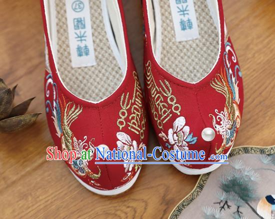 Chinese Traditional Wedding Shoes Hanfu Shoes Classical Embroidered Phoenix Red Shoes