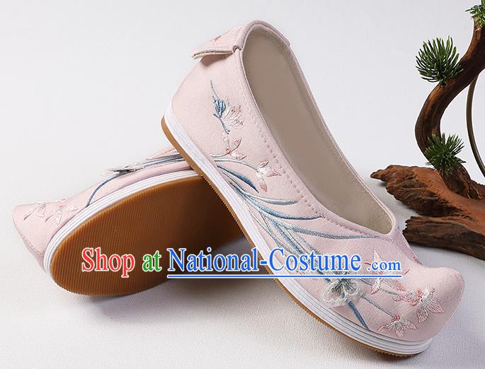 Chinese Handmade Embroidered Orchids Shoes Traditional Hanfu Bow Shoes Ming Dynasty Princess Pink Shoes