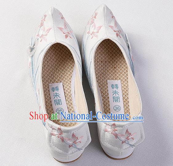 Chinese Traditional Hanfu Bow Shoes Ming Dynasty Princess White Shoes Handmade Embroidered Orchids Shoes