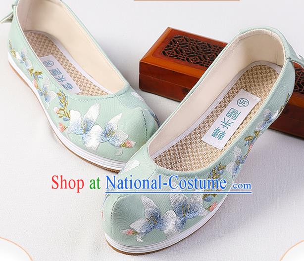 Chinese Traditional Ming Dynasty Princess Shoes Handmade Embroidered Green Shoes Hanfu Bow Shoes