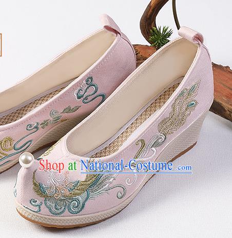 Chinese Traditional Wedge Heel Shoes Handmade Embroidered Phoenix Shoes Hanfu Pink Cloth Shoes