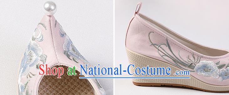 Chinese Hanfu Pink Cloth Shoes Traditional Wedge Heel Shoes Handmade Embroidered Peony Shoes