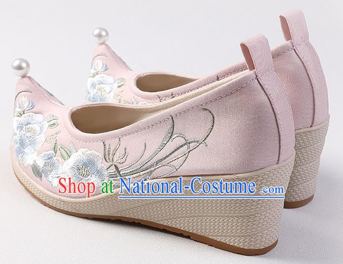 Chinese Hanfu Pink Cloth Shoes Traditional Wedge Heel Shoes Handmade Embroidered Peony Shoes