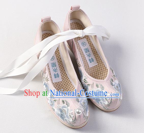 Chinese Hanfu Pink Cloth Shoes Traditional Wedge Heel Shoes Handmade Embroidered Peony Shoes