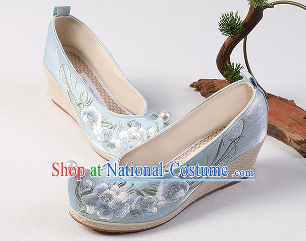 Chinese Hanfu Blue Satin Shoes Handmade Embroidered Peony Shoes Traditional Wedge Heel Shoes