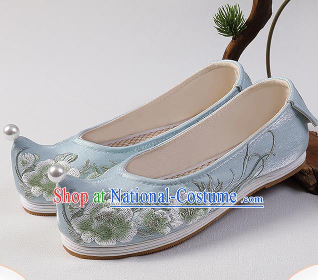 Chinese Handmade Embroidered Peach Blossom Shoes Traditional Hanfu Shoes Blue Satin Bow Shoes