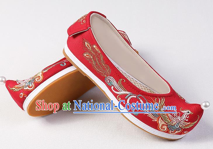 Chinese Handmade Embroidered Phoenix Red Cloth Shoes Traditional Women Shoes Classical Wedding Shoes