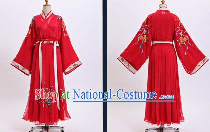 China Ancient Court Woman Red Hanfu Dress Clothing Traditional Jin Dynasty Wedding Historical Costume Complete Set