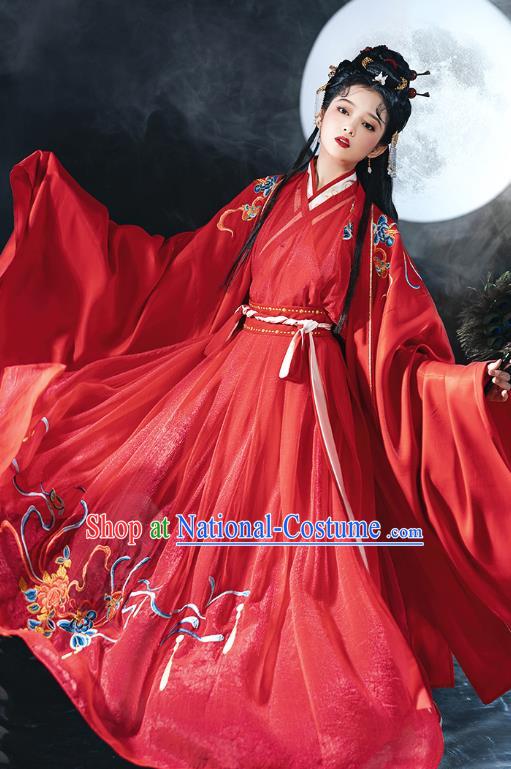 China Ancient Court Woman Red Hanfu Dress Clothing Traditional Jin Dynasty Wedding Historical Costume Complete Set