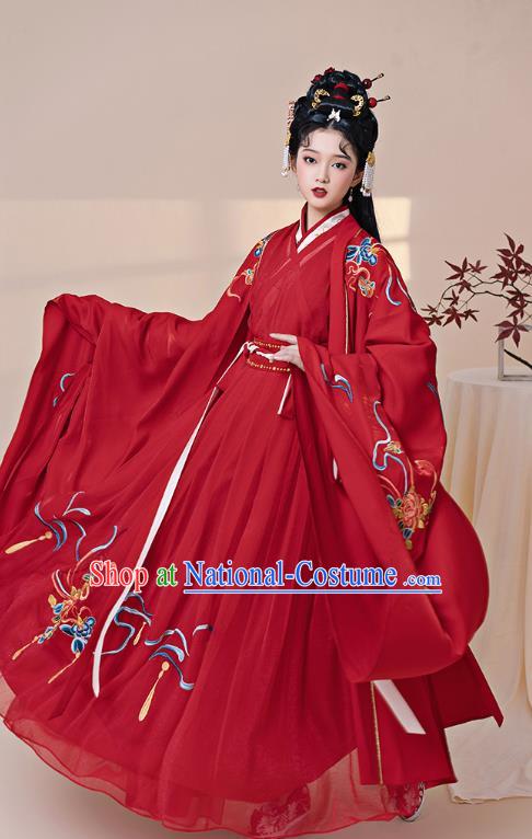 China Ancient Court Woman Red Hanfu Dress Clothing Traditional Jin Dynasty Wedding Historical Costume Complete Set