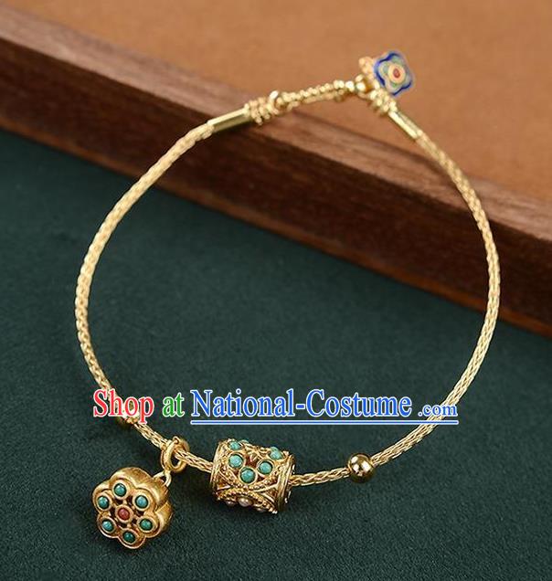 Chinese Classical Kallaite Lotus Seedpod Bracelet Handmade Golden Bangle Jewelry Accessories