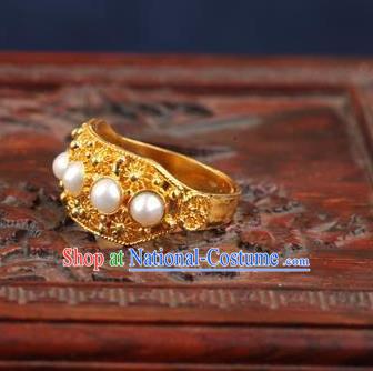 China Ancient Qing Dynasty Golden Circlet Traditional Court Pearls Ring