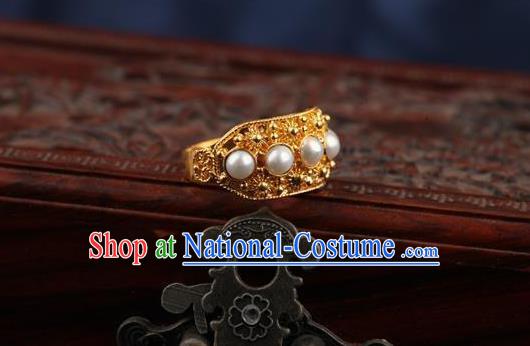 China Ancient Qing Dynasty Golden Circlet Traditional Court Pearls Ring