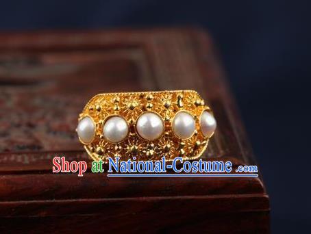 China Ancient Qing Dynasty Golden Circlet Traditional Court Pearls Ring