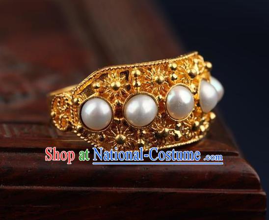 China Ancient Qing Dynasty Golden Circlet Traditional Court Pearls Ring