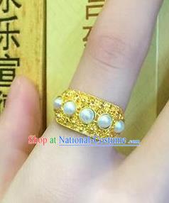 China Ancient Qing Dynasty Golden Circlet Traditional Court Pearls Ring