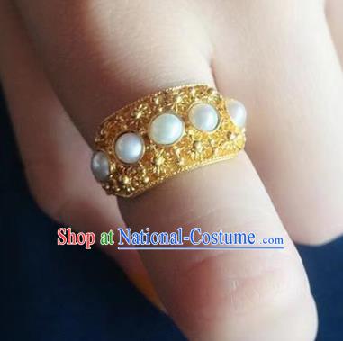 China Ancient Qing Dynasty Golden Circlet Traditional Court Pearls Ring