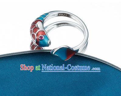 China Ancient Princess Cloisonne Fish Circlet Traditional Court Silver Ring