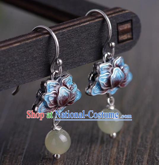 China National Blueing Lotus Earrings Traditional Cheongsam Chalcedony Tassel Ear Accessories