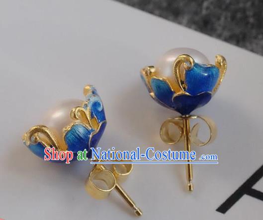 China National Pearl Earrings Traditional Cheongsam Blueing Lotus Ear Accessories