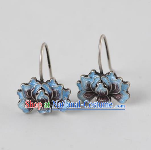 China National Silver Earrings Traditional Cheongsam Blueing Peony Ear Accessories