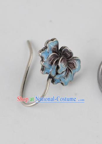 China National Silver Earrings Traditional Cheongsam Blueing Peony Ear Accessories