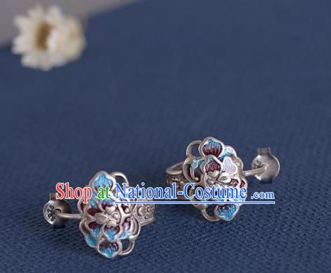 China National Silver Peony Earrings Traditional Cheongsam Blueing Ear Accessories