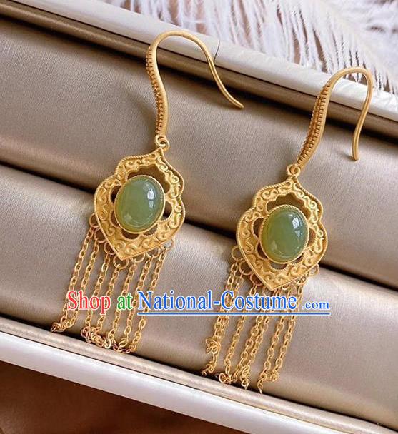 China Traditional Cheongsam Jade Ear Accessories National Golden Tassel Earrings