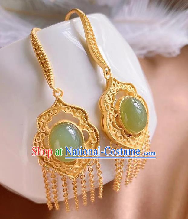 China Traditional Cheongsam Jade Ear Accessories National Golden Tassel Earrings