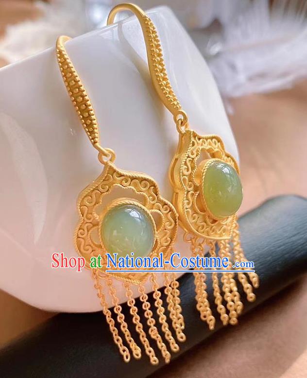 China Traditional Cheongsam Jade Ear Accessories National Golden Tassel Earrings