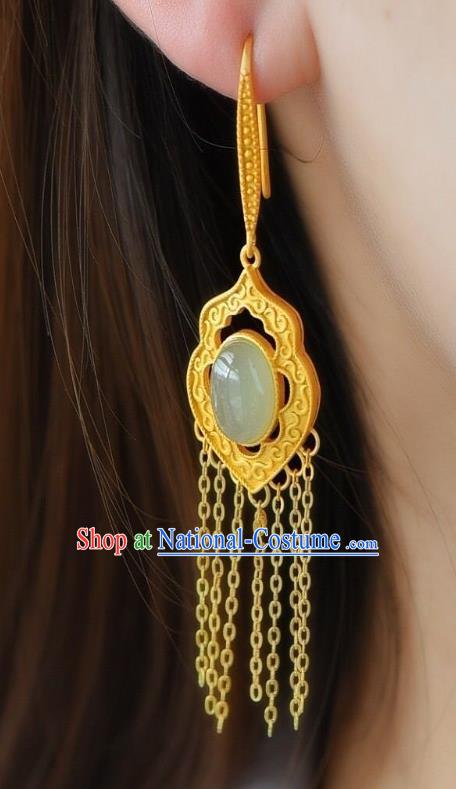 China Traditional Cheongsam Jade Ear Accessories National Golden Tassel Earrings