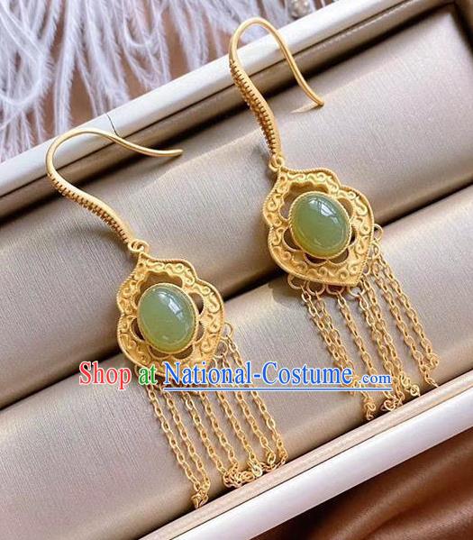 China Traditional Cheongsam Jade Ear Accessories National Golden Tassel Earrings