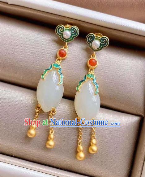 China Traditional Cheongsam White Jade Ear Accessories National Qing Dynasty Court Tassel Earrings