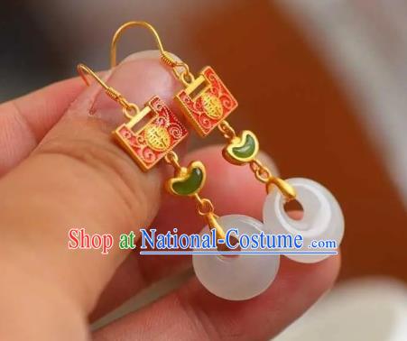 China Traditional Cheongsam Enamel Red Lock Ear Accessories National Wedding Jade Earrings