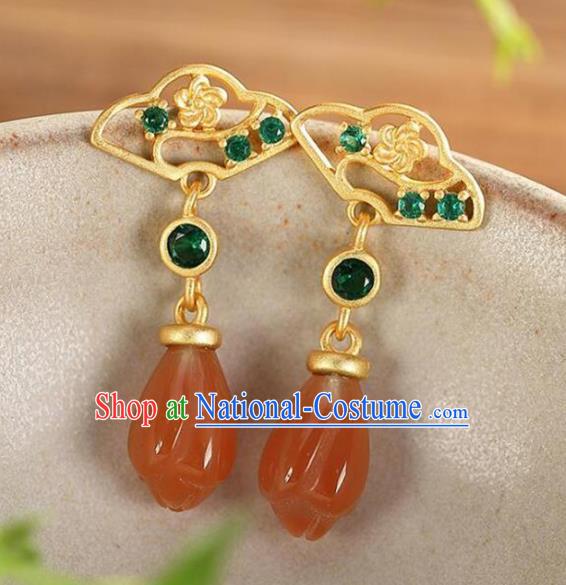 China Traditional Cheongsam Green Crystal Ear Accessories National Wedding Red Agate Mangnolia Earrings