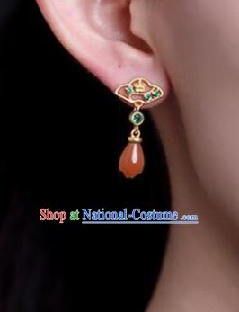 China Traditional Cheongsam Green Crystal Ear Accessories National Wedding Red Agate Mangnolia Earrings