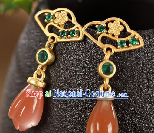 China Traditional Cheongsam Green Crystal Ear Accessories National Wedding Red Agate Mangnolia Earrings